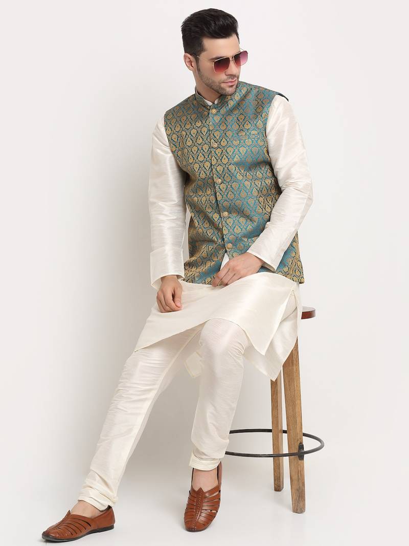 blue silk blend zari work nehru jacket