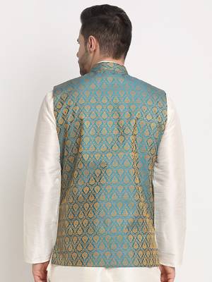 blue silk blend zari work nehru jacket 5