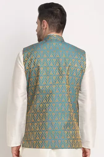 blue silk blend zari work nehru jacket