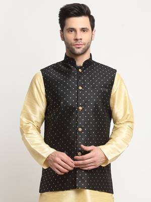 Men Silk Polka Printed Black Nehru Jacket Only 1