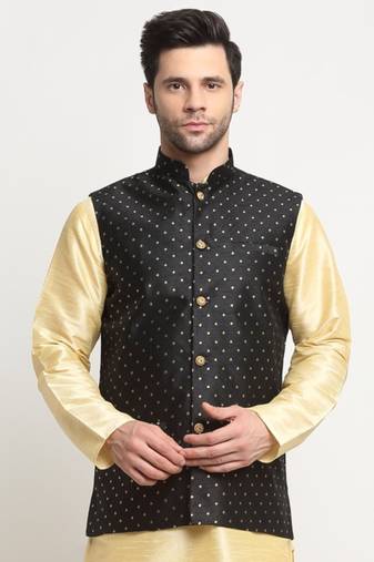 Men Silk Polka Printed Black Nehru Jacket Only