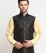 Men Silk Polka Printed Black Nehru Jacket Only