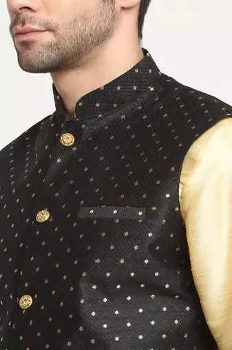 Men Silk Polka Printed Black Nehru Jacket Only
