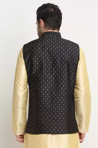 Men Silk Polka Printed Black Nehru Jacket Only