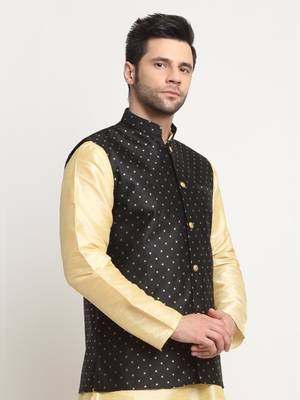 Men Silk Polka Printed Black Nehru Jacket Only 4