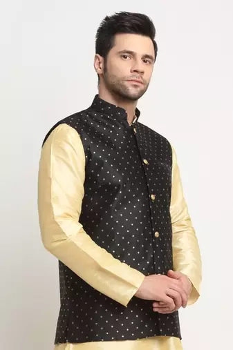 Men Silk Polka Printed Black Nehru Jacket Only