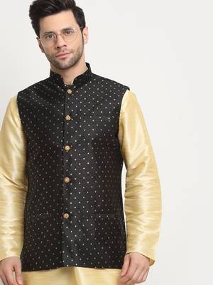 Men Silk Polka Printed Black Nehru Jacket Only 5