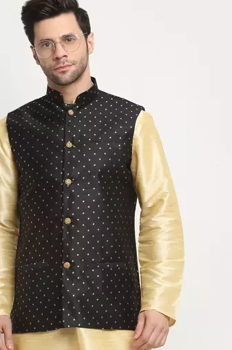 Men Silk Polka Printed Black Nehru Jacket Only