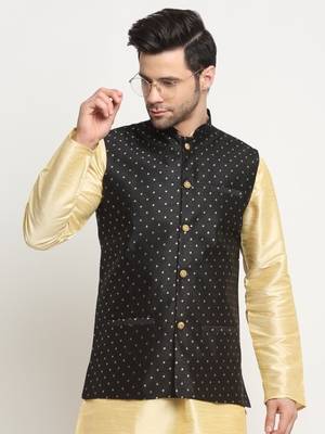 Men Silk Polka Printed Black Nehru Jacket Only 6