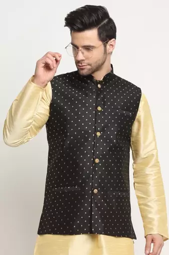 Men Silk Polka Printed Black Nehru Jacket Only