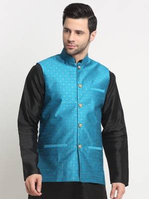 Men Silk Polka Printed Blue Nehru Jacket Only 1