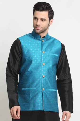 Men Silk Polka Printed Blue Nehru Jacket Only