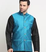 Men Silk Polka Printed Blue Nehru Jacket Only