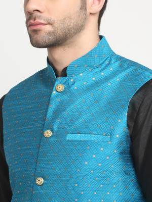 Men Silk Polka Printed Blue Nehru Jacket Only 2