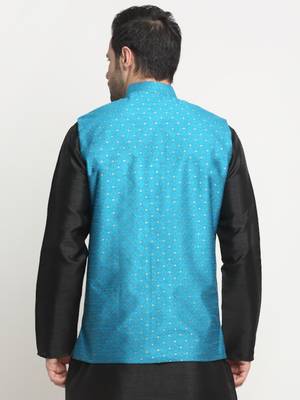 Men Silk Polka Printed Blue Nehru Jacket Only 3