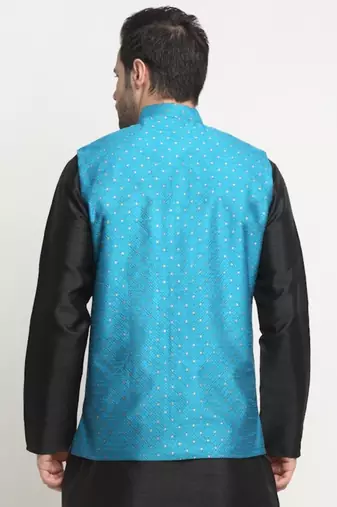Men Silk Polka Printed Blue Nehru Jacket Only