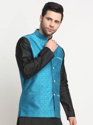 Men Silk Polka Printed Blue Nehru Jacket Only 4
