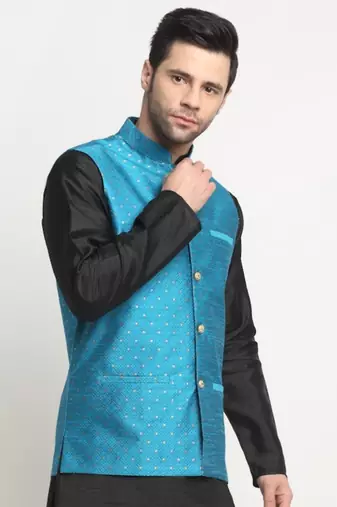 Men Silk Polka Printed Blue Nehru Jacket Only