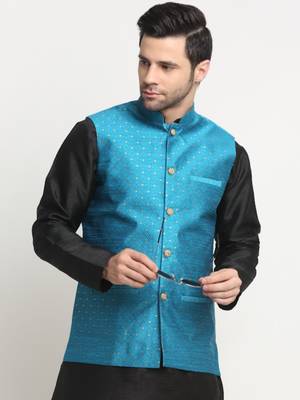 Men Silk Polka Printed Blue Nehru Jacket Only 5