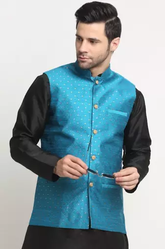 Men Silk Polka Printed Blue Nehru Jacket Only