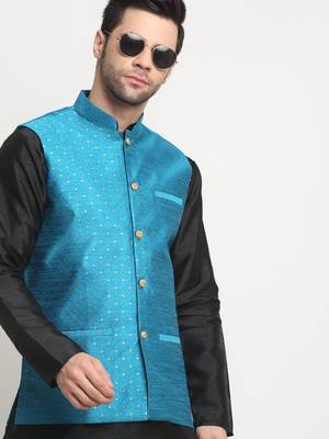 Men Silk Polka Printed Blue Nehru Jacket Only 6