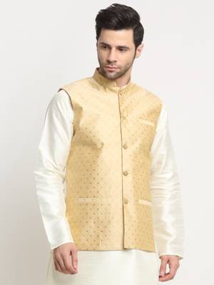 Men Silk Polka Printed Beige Nehru Jacket Only 1