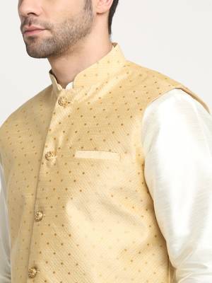 Men Silk Polka Printed Beige Nehru Jacket Only 2