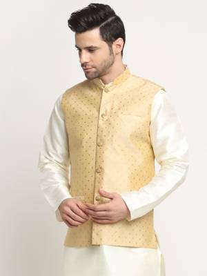Men Silk Polka Printed Beige Nehru Jacket Only 4