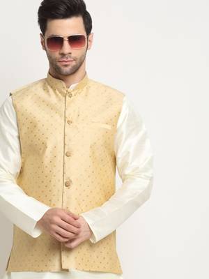 Men Silk Polka Printed Beige Nehru Jacket Only 5