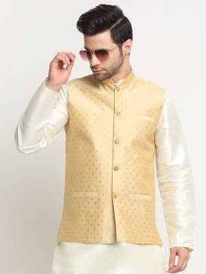 Men Silk Polka Printed Beige Nehru Jacket Only 6
