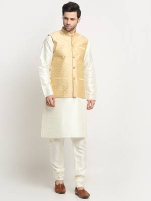 Men Silk Polka Printed Beige Nehru Jacket Only 7