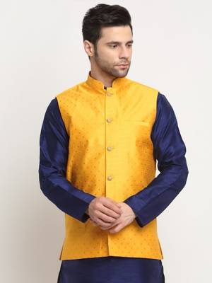 Men Silk Polka Printed Yellow Nehru Jacket Only 1