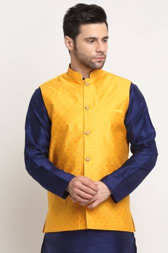 Men Silk Polka Printed Yellow Nehru Jacket Only