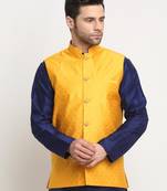 Men Silk Polka Printed Yellow Nehru Jacket Only