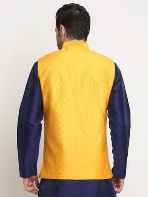 Men Silk Polka Printed Yellow Nehru Jacket Only 3