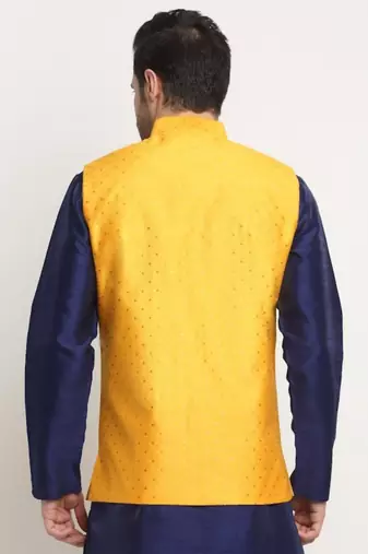 Men Silk Polka Printed Yellow Nehru Jacket Only
