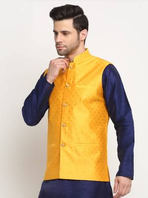 Men Silk Polka Printed Yellow Nehru Jacket Only 4