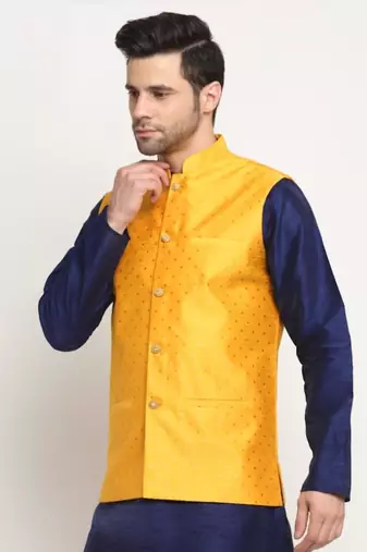 Men Silk Polka Printed Yellow Nehru Jacket Only