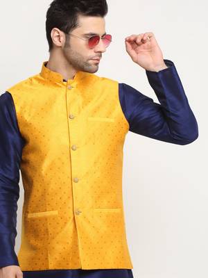 Men Silk Polka Printed Yellow Nehru Jacket Only 5