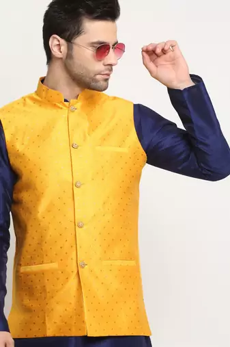 Men Silk Polka Printed Yellow Nehru Jacket Only