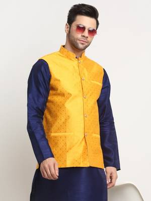 Men Silk Polka Printed Yellow Nehru Jacket Only 6