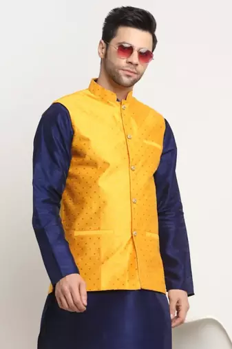 Men Silk Polka Printed Yellow Nehru Jacket Only