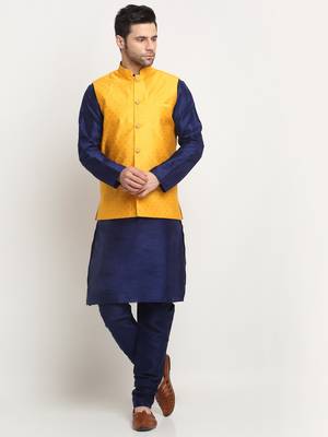 Men Silk Polka Printed Yellow Nehru Jacket Only 7