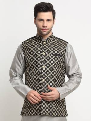 Men Silk Embroided Zari Black Nehru Jacket Only 1