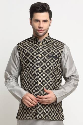 Men Silk Embroided Zari Black Nehru Jacket Only