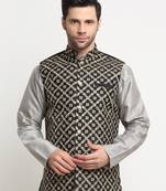 Men Silk Embroided Zari Black Nehru Jacket Only