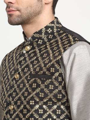 Men Silk Embroided Zari Black Nehru Jacket Only 2