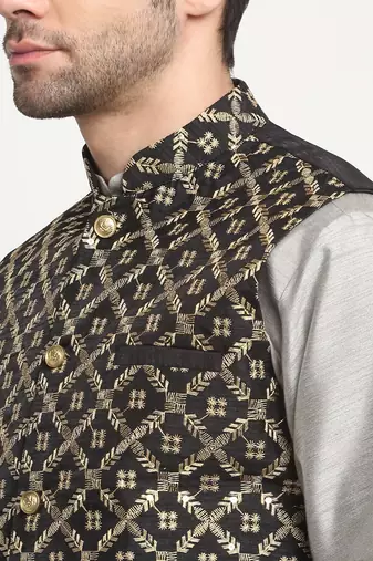 Men Silk Embroided Zari Black Nehru Jacket Only