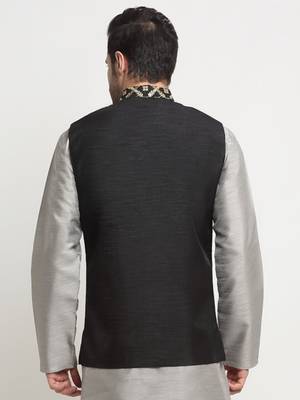 Men Silk Embroided Zari Black Nehru Jacket Only 3