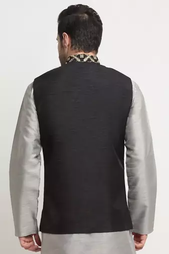 Men Silk Embroided Zari Black Nehru Jacket Only
